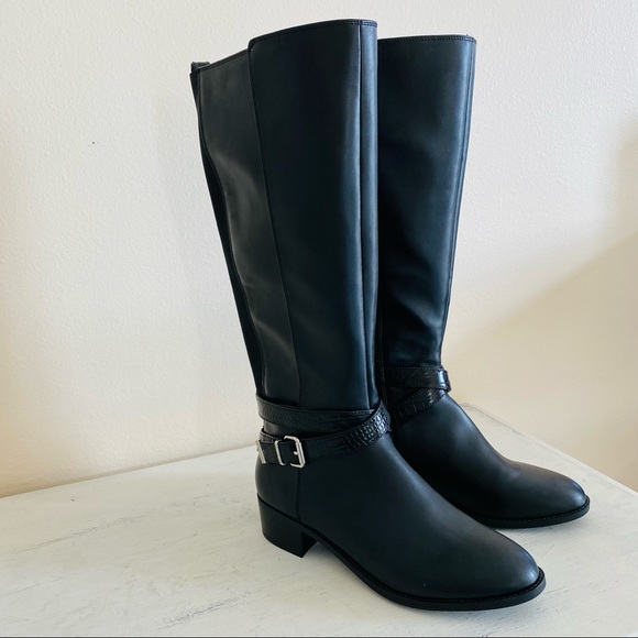 New Bandolino Noles Knee High Black Croc Skin Ankle Strap Tall Riding Boots - Picture 5 of 9